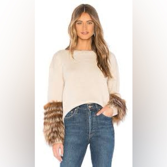 Alice + Olivia Cream Sheila Sweater w/ Fur Cuffs - Picture 1 of 4
